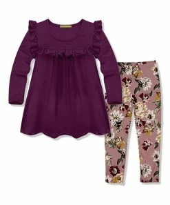 Best Sale 🔥 Millie Loves Lily Plum Ruffle Long-Sleeve Top & Nostalgia Rose Floral Earth Leggings - Infant, Toddler & 👧 Girls For Kids 🎉