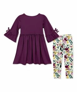 Promo 👏 Millie Loves Lily Plum Bow Bell-Sleeve A-Line 👗 Dress & Cream Fall Petals Leggings - Infant, Toddler & 👧 Girls For Kids 😍 -Little Millie-shop zu100288771 alt 2 tm1633634105