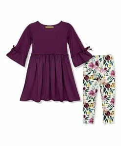 Promo 👏 Millie Loves Lily Plum Bow Bell-Sleeve A-Line 👗 Dress & Cream Fall Petals Leggings - Infant, Toddler & 👧 Girls For Kids 😍