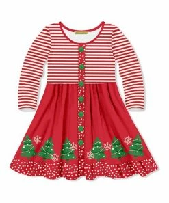 Cheapest 🎉 Millie Loves Lily Red & Green Festive Tree Button-Up Long-Sleeve A-Line 👗 Dress - 👧 Girls For Kids 🎁