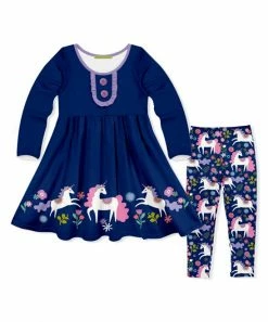 Budget 👏 Millie Loves Lily Navy Button-Accent A-Line 👗 Dress & Navy Magic Unicorn Leggings - Infant, Toddler & 👧 Girls For Kids ⭐