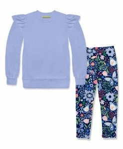 Wholesale 👍 Millie Loves Lily Periwinkle Ruffle French Terry Sweatshirt & Navy Butterfly Garden Leggings - Infant, Toddler & 👧 Girls For Kids 👍
