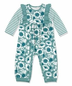 Promo 🎉 Little Millie Nile Blue Floral & Stripe Ruffle-Trim Ola Playsuit - Infant For Baby & Maternity 👍