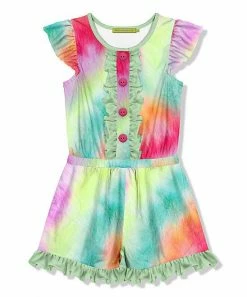 Discount 🎁 Millie Loves Lily Green & Pink ☀️ Summer Tie-Dye Ruffle-Trim Button-Front Romper - Toddler & 👧 Girls For Kids 🛒