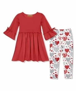 Wholesale 🛒 Millie Loves Lily Red Bow Bell-Sleeve A-Line 👗 Dress & White Hearts Leggings - Infant, Toddler & 👧 Girls For Kids 🎁