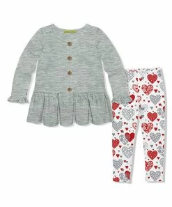Best Sale 👍 Millie Loves Lily Heather Gray Button-Front Tunic & White Heart Leggings - Infant, Toddler & 👧 Girls For Kids 💯