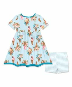 Discount 🌟 Millie Loves Lily Light Blue Ice Cream Floral Pocket A-Line 👗 Dress & Stripe Shorts - Toddler & 👧 Girls For Kids ✨ -Little Millie-shop zu102366401 alt 2 tm1642260212