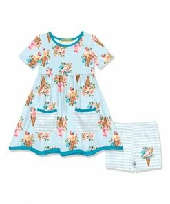 Discount 🌟 Millie Loves Lily Light Blue Ice Cream Floral Pocket A-Line 👗 Dress & Stripe Shorts - Toddler & 👧 Girls For Kids ✨