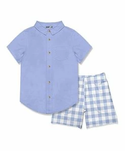 Buy 🔥 Millie & Maxx Periwinkle Short-Sleeve Button-Up & Gingham Pocket Shorts - Toddler & Boys For Kids 💯