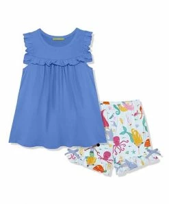 Deals 🔥 Millie Loves Lily Marina Blue Ruffle Tank & Light Blue Millie Mermaid Bow Shorts - 👧 Girls For Kids 🎁