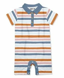 Budget ⭐ Little Millie Rust & Blue Painted Stripe Button-Front Short-Sleeve Romper - Infant For Baby & Maternity ❤️