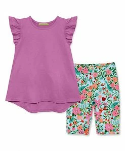 Discount 😀 Millie Loves Lily Violet Angel-Sleeve Hi-Low Top & Mint Tara Floral Bike Shorts - Toddler & 👧 Girls For Kids 🌟