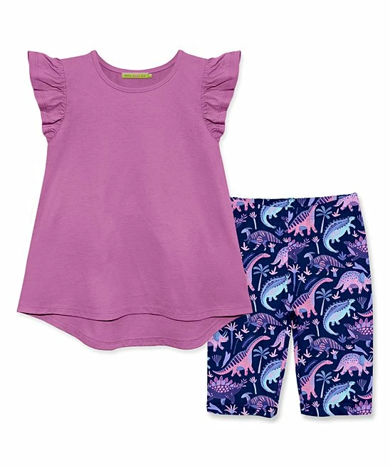 Outlet π Millie Loves Lily Violet Angel-Sleeve Hi-Low Top & Navy Boho Dino Bike Shorts - Toddler & π§ Girls For Kids β€οΈ 1 Outlet π Millie Loves Lily Violet Angel-Sleeve Hi-Low Top & Navy Boho Dino Bike Shorts - Toddler & π§ Girls For Kids β€οΈ