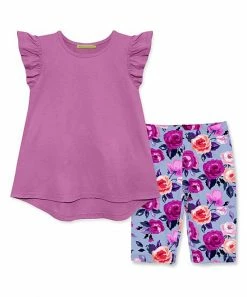 Deals ✔️ Millie Loves Lily Violet Angel-Sleeve Hi-Low Top & Periwinkle Rose Bike Shorts - Toddler & 👧 Girls For Kids ⭐