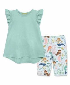 Cheapest ⭐ Millie Loves Lily Mint Angel-Sleeve Hi-Low Top & Coral Reef Mermaid Bike Shorts - Infant, Toddler & 👧 Girls For Kids 🔔