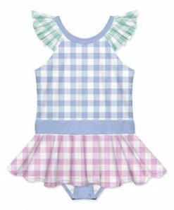 Deals ❤️ Millie Loves Lily Periwinkle & Pink Gingham Angel-Sleeve 👗 Skirted One-Piece - Infant, Toddler & 👧 Girls For Kids 🧨