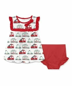 Coupon 🔥 Little Millie White & Red Helper Vehicles Ruffle-Accent 👗 Dress & Diaper Cover - Infant & Toddler For Kids 🥰
