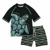 Best Pirce ❤️ Millie & Maxx Midnight & Mint Sea Turtle Stripe Short-Sleeve Rashguard Set - Infant, Toddler & Boys For Kids 🧨