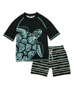 Best Pirce ❤️ Millie & Maxx Midnight & Mint Sea Turtle Stripe Short-Sleeve Rashguard Set - Infant, Toddler & Boys For Kids 🧨