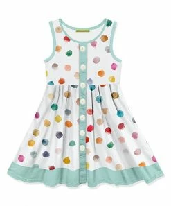 Flash Sale 🎉 Millie Loves Lily White Watercolor Dots Button-Front Sleeveless A-Line 👗 Dress - 👧 Girls For Kids ❤️