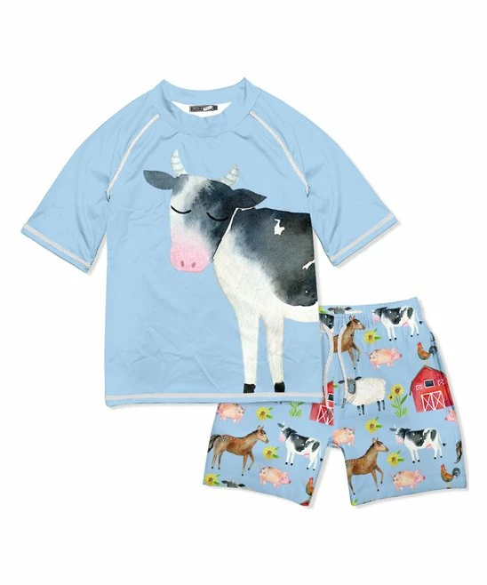 Wholesale π Millie & Maxx Light Sky Blue & Red Cow Barns Short-Sleeve Rashguard Set - Infant & Boys For Kids π 1 Wholesale π Millie & Maxx Light Sky Blue & Red Cow Barns Short-Sleeve Rashguard Set - Infant & Boys For Kids π