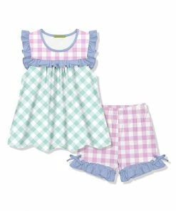 Cheap 👏 Millie Loves Lily Lilac & Mint Gingham Ruffle Sleeveless Top & Bow Shorts - Infant, Toddler & 👧 Girls For Kids 👏