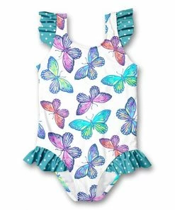 Brand new 🥰 Millie Loves Lily White & Turquoise Butterfly Ruffle-Accent One-Piece - 👧 Girls For Kids 😍