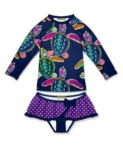 Best Sale 😍 Millie Loves Lily Navy & Purple Water Turtle Long-Sleeve 👗 Skirted Rashguard Set - 👧 Girls For Kids 🔥