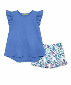 Deals ✨ Millie Loves Lily Marina Blue Angel-Sleeve Hi-Low Top & Blue Rum Floral Ruffle Shorts - Toddler For Kids ✨
