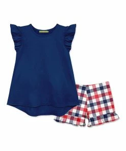 Wholesale ⭐ Millie Loves Lily Navy Angel-Sleeve Hi-Low Top & Americana Gingham Ruffle Shorts - Infant & 👧 Girls For Kids ❤️
