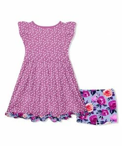 Discount 🎁 Millie Loves Lily Violet Dot Button-Front A-Line 👗 Dress & Periwinkle Rose Shorts - Toddler & 👧 Girls For Kids 🎁 -Little Millie-shop zu105043682 alt 2 tm1652446679