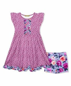 Discount 🎁 Millie Loves Lily Violet Dot Button-Front A-Line 👗 Dress & Periwinkle Rose Shorts - Toddler & 👧 Girls For Kids 🎁