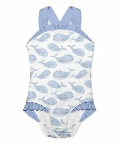 Best Pirce 🔔 Millie Loves Lily White & Periwinkle Whales Ruffle-Accent Strap One-Piece - Infant, Toddler & 👧 Girls For Kids 👏
