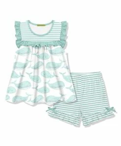 Budget ❤️ Millie Loves Lily White Whale Ruffle Sleeveless Top & Stripe Bow Shorts - Infant, Toddler & 👧 Girls For Kids ✔️