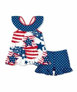 Best Pirce ✔️ Millie+ By Millie Loves Lily Blue & Red Stars & Stripes Ruffle Yoke Top & Blue Polka Dot Shorts - 👧 Girls For Kids 🎉