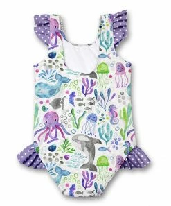 Coupon 🔔 Millie Loves Lily Purple & White Watercolor Sea Animals Ruffle One-Piece - Infant & Toddler For Kids 😀 -Little Millie-shop zu105514193 alt 2 tm1652741307