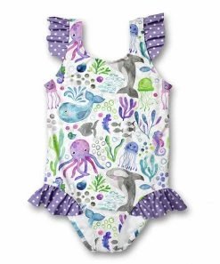 Coupon 🔔 Millie Loves Lily Purple & White Watercolor Sea Animals Ruffle One-Piece - Infant & Toddler For Kids 😀