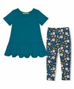 New 😉 Millie Loves Lily Teal Ruffle-Hem Top & Floral Cluster Leggings - 👧 Girls For Kids 🔔