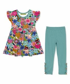 Promo 😉 Millie Loves Lily Pink Kitten Floral Angel-Sleeve Tunic & Nile Blue Leggings - Toddler & 👧 Girls For Kids 🧨