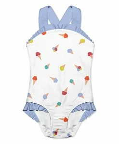 Wholesale 🌟 Millie Loves Lily White & Blue Ice Cream Cones Ruffle-Accent One-Piece - Infant, Toddler & 👧 Girls For Kids 👏