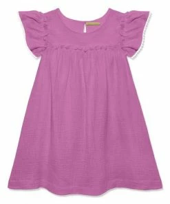 Best deal 👍 Simply Millie By Millie Loves Lily Violet Gauze Ruffle-Sleeve Mini Pompom Trim A-Line 👗 Dress - 👧 Girls For Kids 😀
