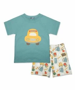 Budget 🥰 Millie & Maxx Nile Blue School Bus Crewneck Tee & Cream Back To School Shorts - Toddler & Boys For Kids 🎉