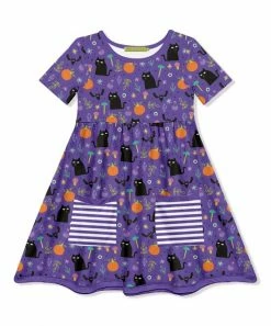 Flash Sale 🥰 Millie Loves Lily Purple & Black Cat Jack-o'-Lantern Pocket A-Line 👗 Dress - Toddler & 👧 Girls For Kids 💯