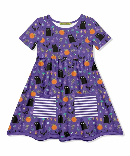 Flash Sale π₯° Millie Loves Lily Purple & Black Cat Jack-o'-Lantern Pocket A-Line π Dress - Toddler & π§ Girls For Kids π― 1 Flash Sale π₯° Millie Loves Lily Purple & Black Cat Jack-o'-Lantern Pocket A-Line π Dress - Toddler & π§ Girls For Kids π―