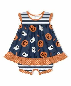 Best Sale 🔥 Little Millie Dusty Navy Ghosts & Jack-o'-Lanterns 👗 Skirted Bubble Bodysuit - Infant For Baby & Maternity 🛒