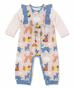 Best Sale 🛒 Little Millie Pink & Light Blue 🐶 Dog Park Ruffle-Trim Long-Sleeve Playsuit - Infant For Baby & Maternity 💯