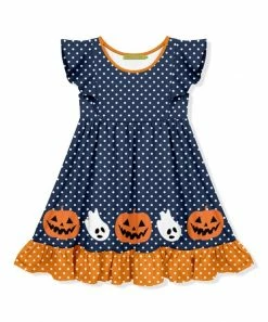Top 10 😀 Millie Loves Lily Dusty Navy Dot Ghosts & Jack-o'-Lanterns Angel-Sleeve 👗 Dress - Toddler & 👧 Girls For Kids 🔥