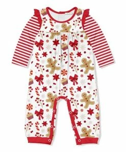 Discount 🛒 Little Millie White & Red Gingerbread & Sweets Ruffle-Trim Playsuit - Infant & Toddler For Kids 😍