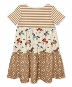 New 🔥 Millie Loves Lily Tan Ponies & Flowers Tiered Button-Front A-Line 👗 Dress - Infant, Toddler & 👧 Girls For Kids 🤩 -Little Millie-shop zu107221122 alt 2 tm1657302657
