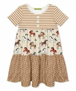 New 🔥 Millie Loves Lily Tan Ponies & Flowers Tiered Button-Front A-Line 👗 Dress - Infant, Toddler & 👧 Girls For Kids 🤩